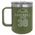 Personalized olive green 15 oz vacuum insulated coffee mug with etched 'Baseball Dad and Number' design