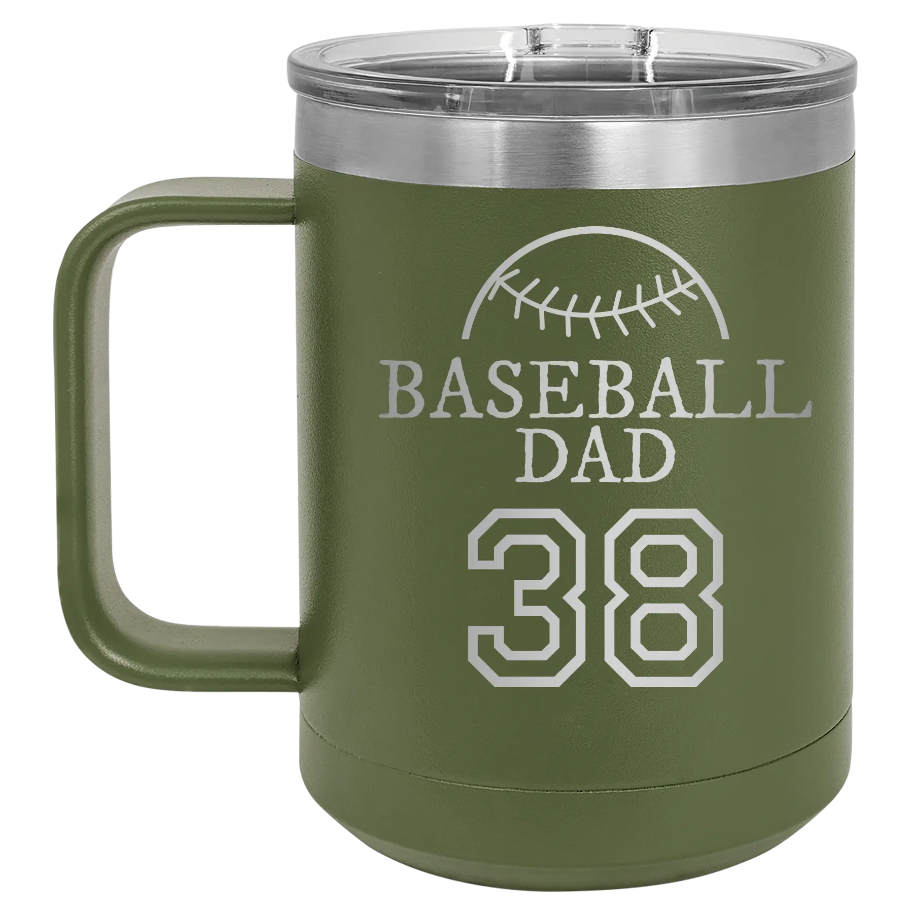 Personalized olive green 15 oz vacuum insulated coffee mug with etched 'Baseball Dad and Number' design
