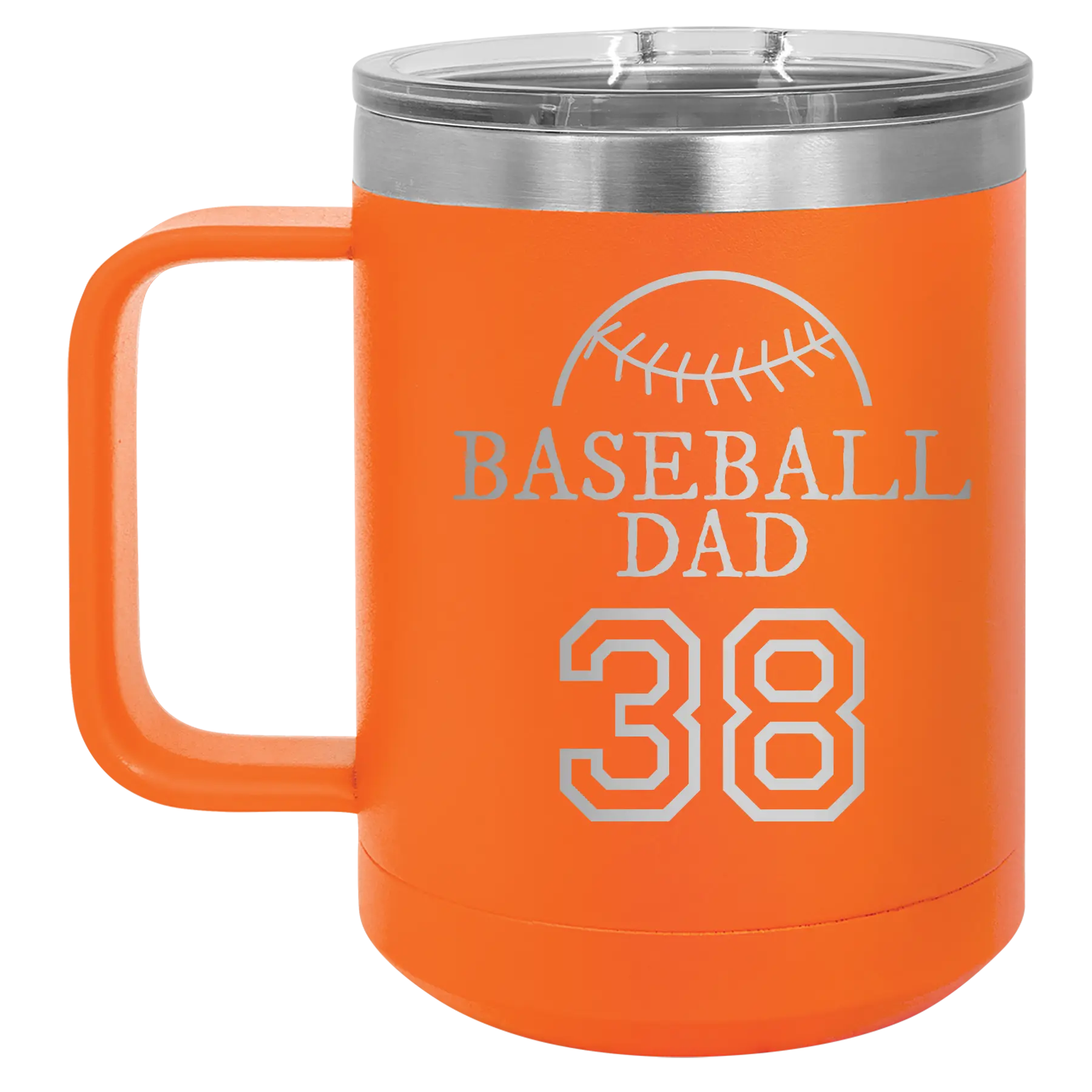 Personalized orange 15 oz vacuum insulated coffee mug with etched 'Baseball Dad and Number' design