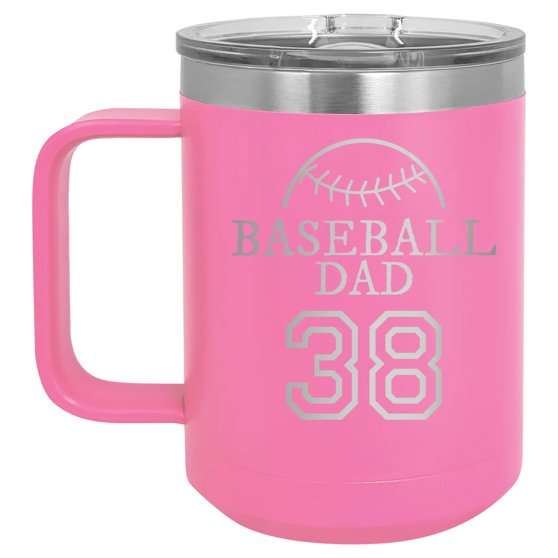 Personalized pink 15 oz vacuum insulated coffee mug with etched 'Baseball Dad and Number' design