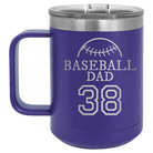 Personalized purple 15 oz vacuum insulated coffee mug with etched 'Baseball Dad and Number' design