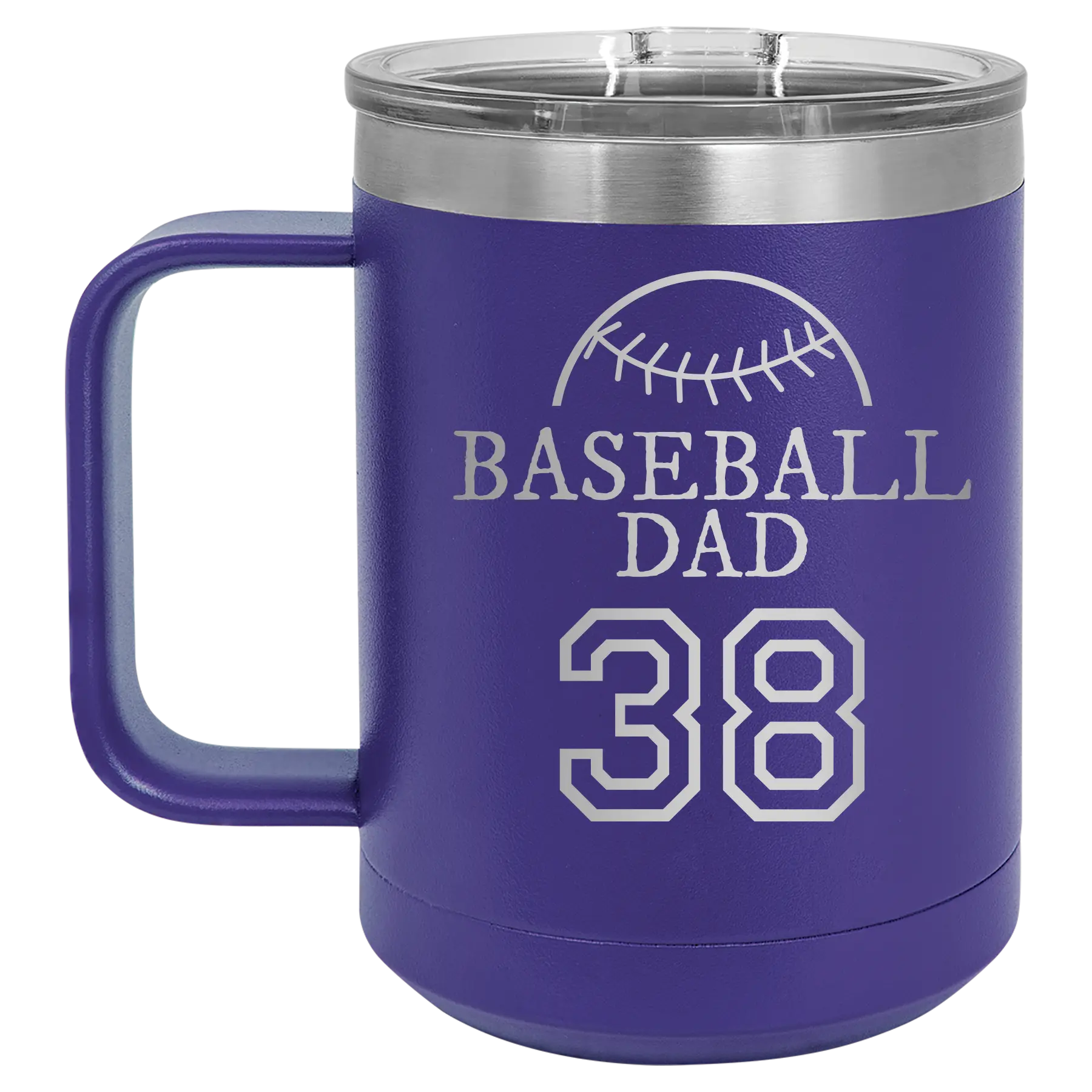 Personalized purple 15 oz vacuum insulated coffee mug with etched 'Baseball Dad and Number' design