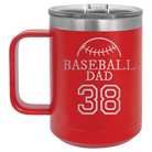 Personalized red 15 oz vacuum insulated coffee mug with etched 'Baseball Dad and Number' design