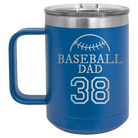 Personalized royal blue 15 oz vacuum insulated coffee mug with etched 'Baseball Dad and Number' design