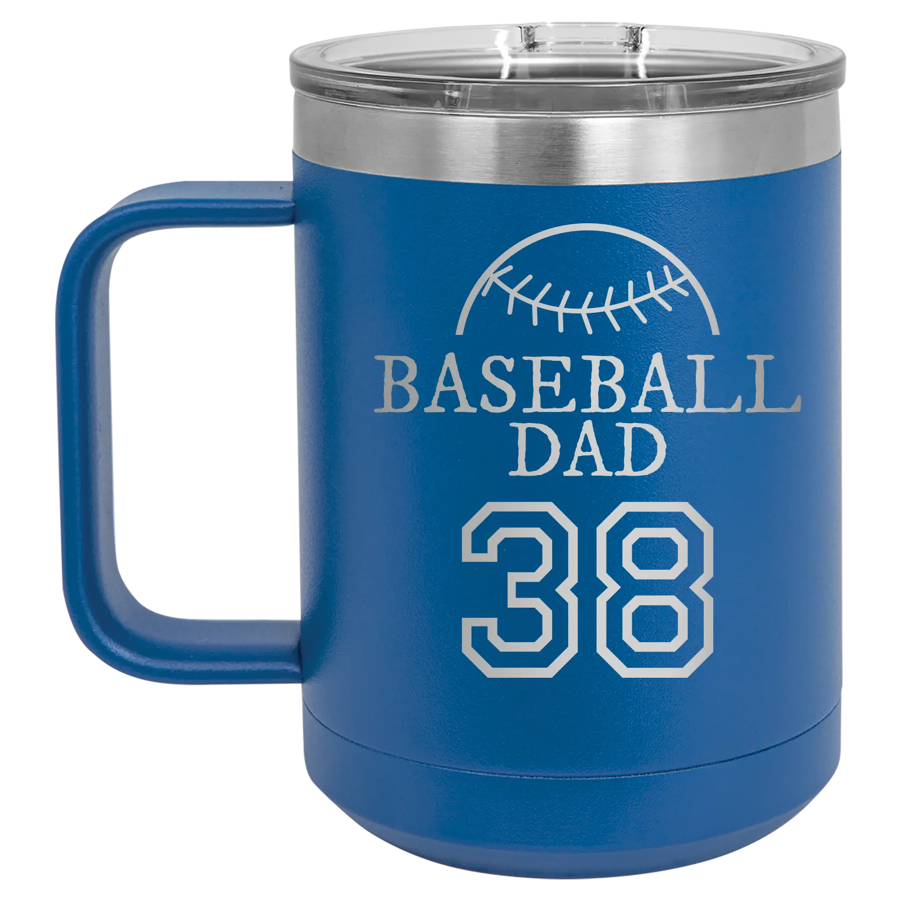 Personalized royal blue 15 oz vacuum insulated coffee mug with etched 'Baseball Dad and Number' design