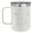 Personalized white 15 oz vacuum insulated coffee mug with etched 'Baseball Dad and Number' design