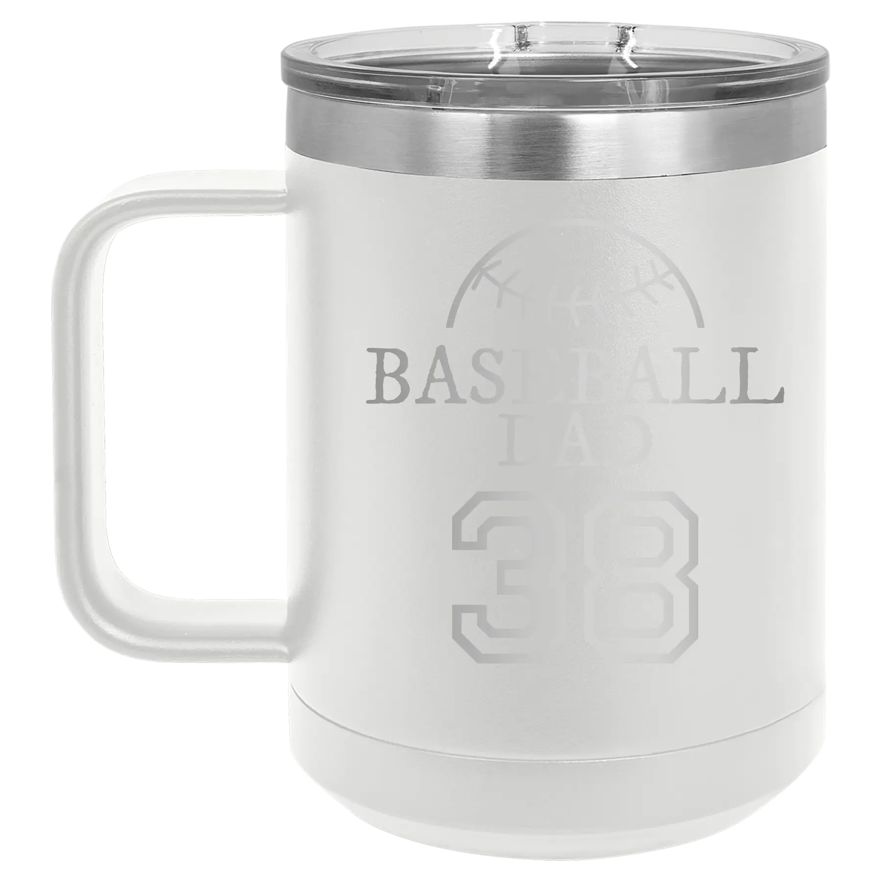 Personalized white 15 oz vacuum insulated coffee mug with etched 'Baseball Dad and Number' design