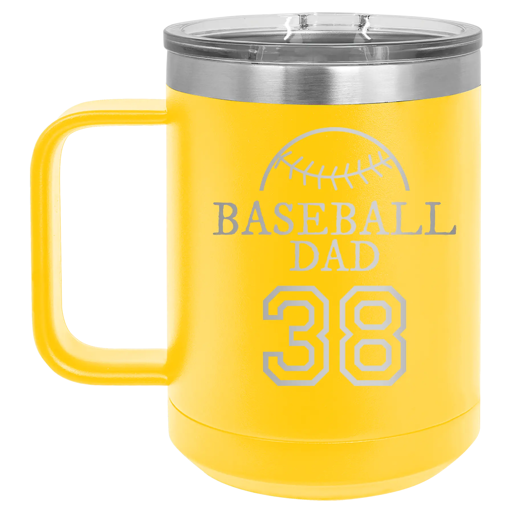 Personalized yellow 15 oz vacuum insulated coffee mug with etched 'Baseball Dad and Number' design