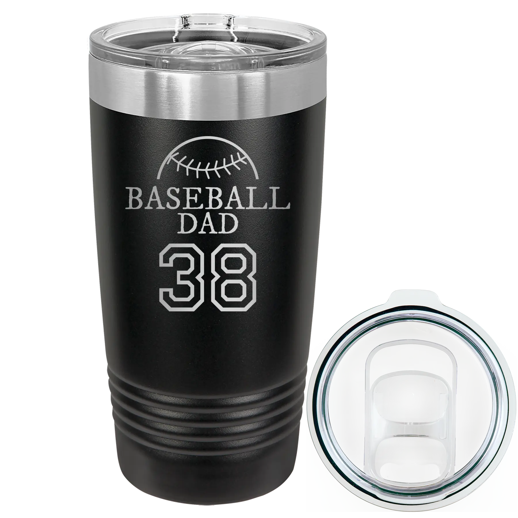 Laser etched black 20 oz vacuum insulated tumbler with 'Baseball Dad and Number' design