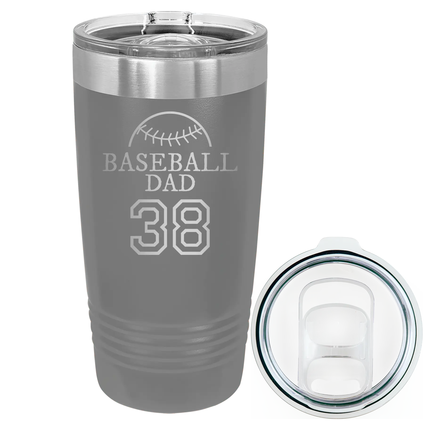 Laser etched dark gray 20 oz vacuum insulated tumbler with 'Baseball Dad and Number' design