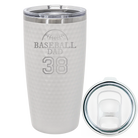 Laser etched white 20 oz golf dimples tumbler with 'Baseball Dad and Number' design