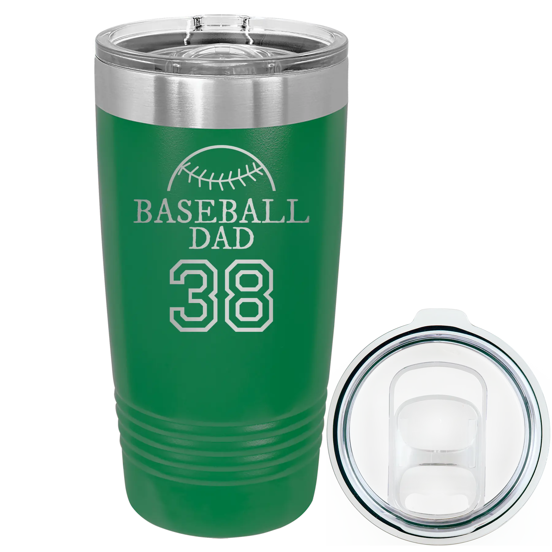 Laser etched green 20 oz vacuum insulated tumbler with 'Baseball Dad and Number' design