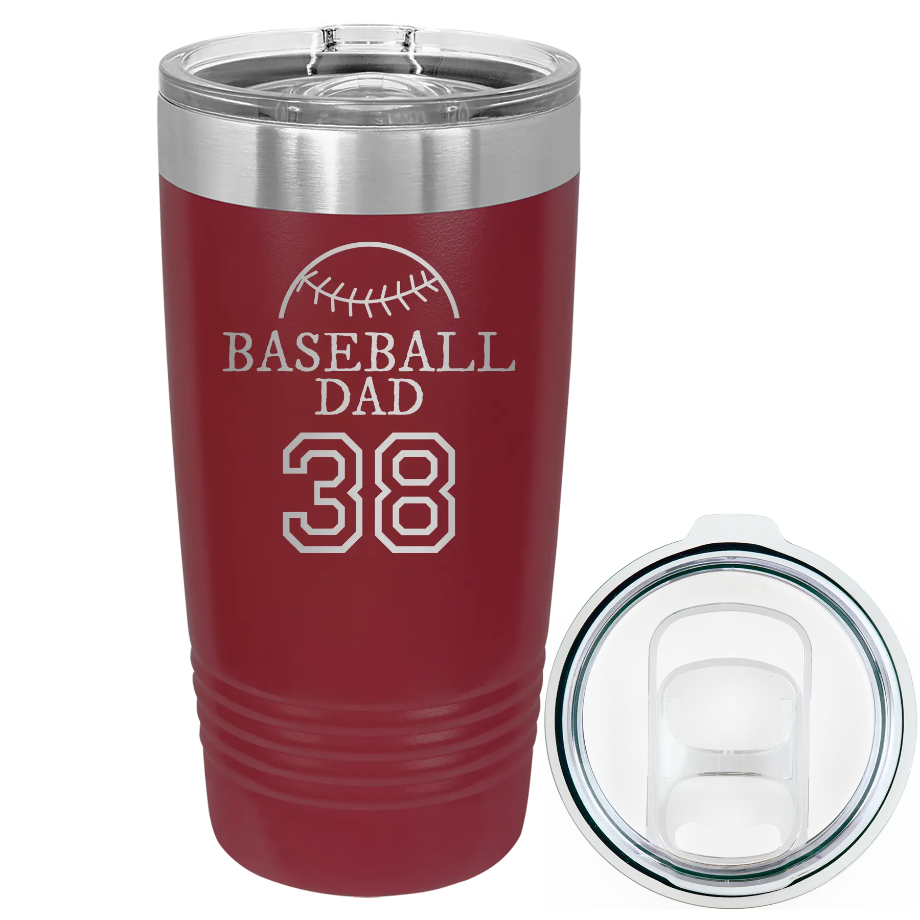 Laser etched maroon 20 oz vacuum insulated tumbler with 'Baseball Dad and Number' design