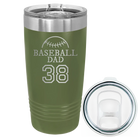 Laser etched olive green 20 oz vacuum insulated tumbler with 'Baseball Dad and Number' design