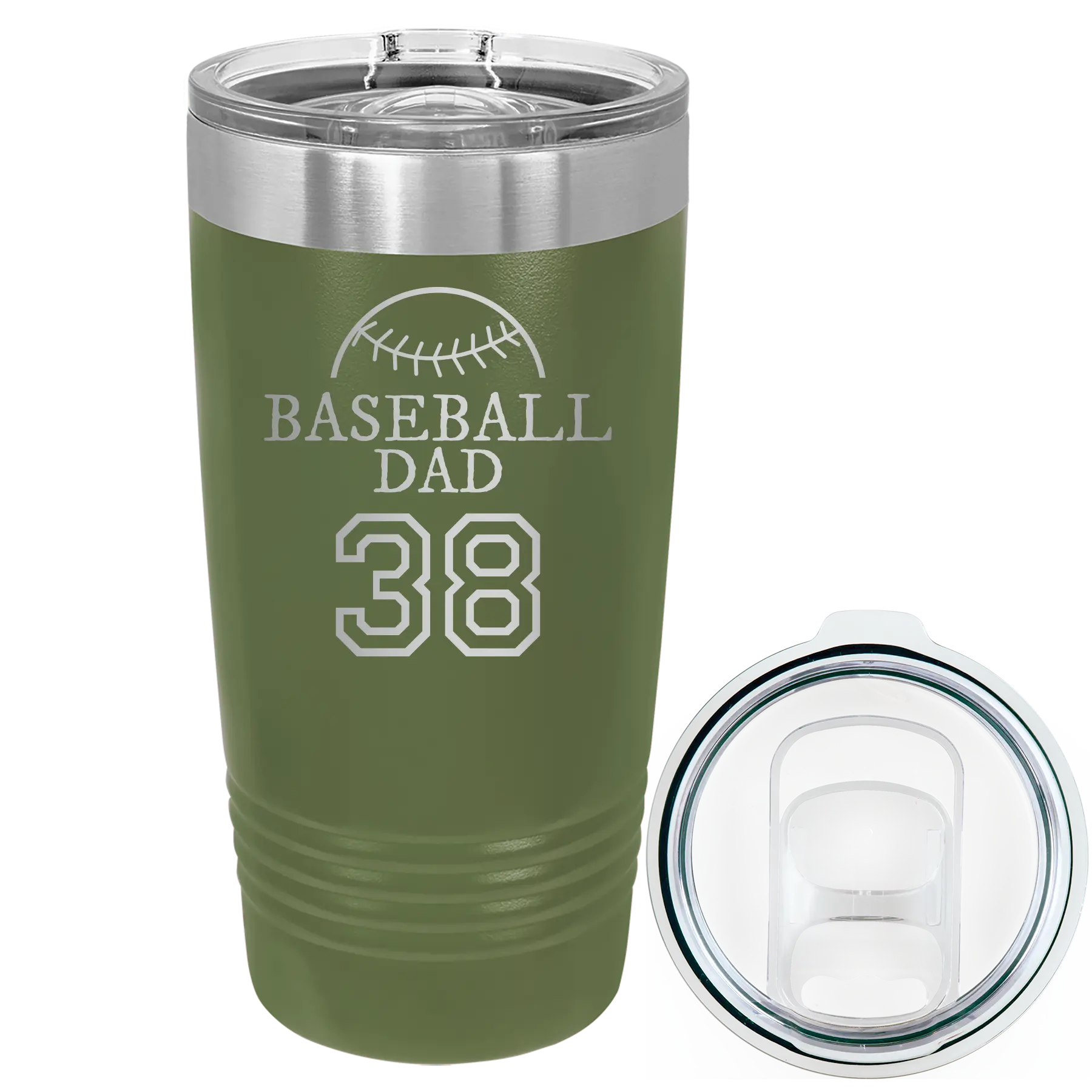 Laser etched olive green 20 oz vacuum insulated tumbler with 'Baseball Dad and Number' design