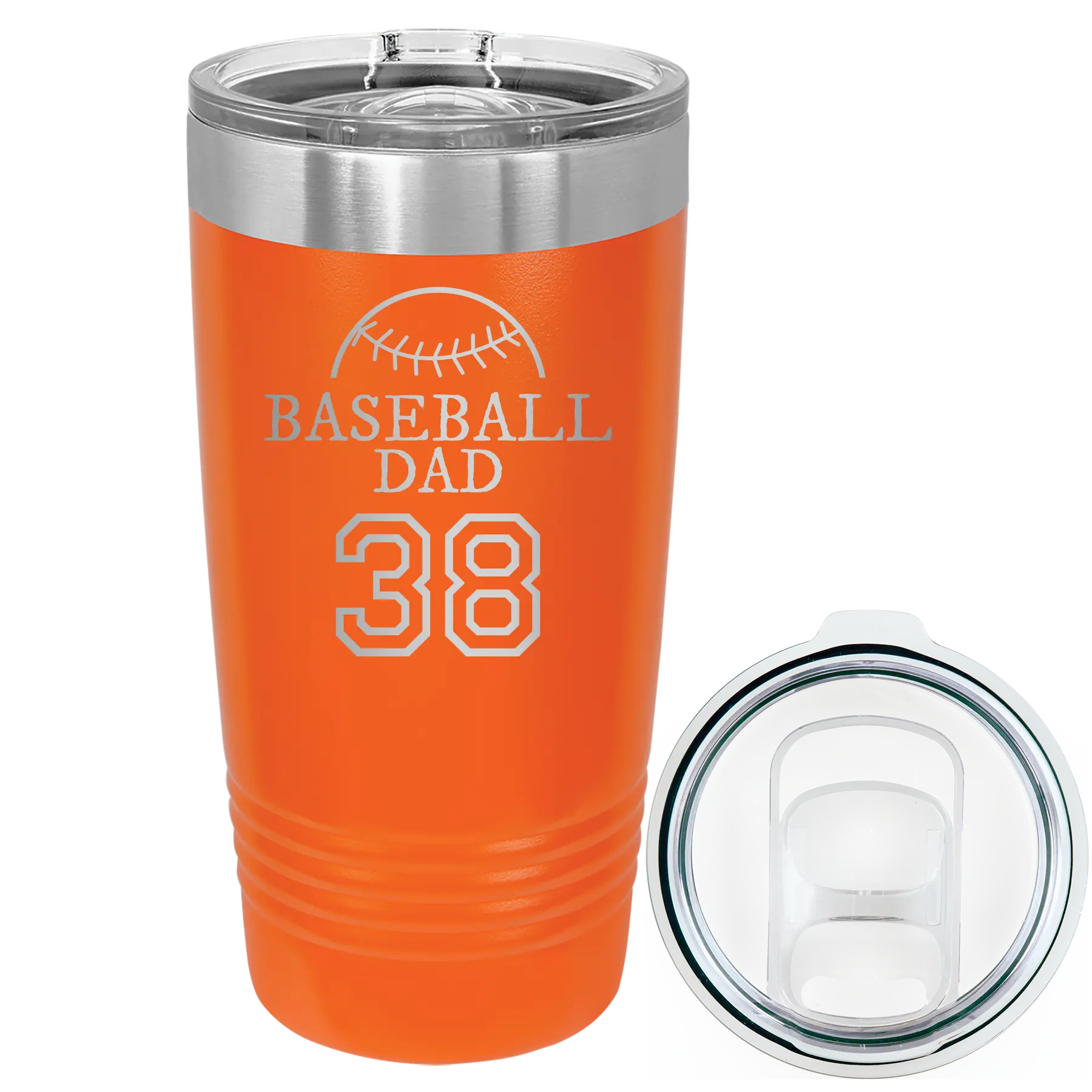 Laser etched orange 20 oz vacuum insulated tumbler with 'Baseball Dad and Number' design