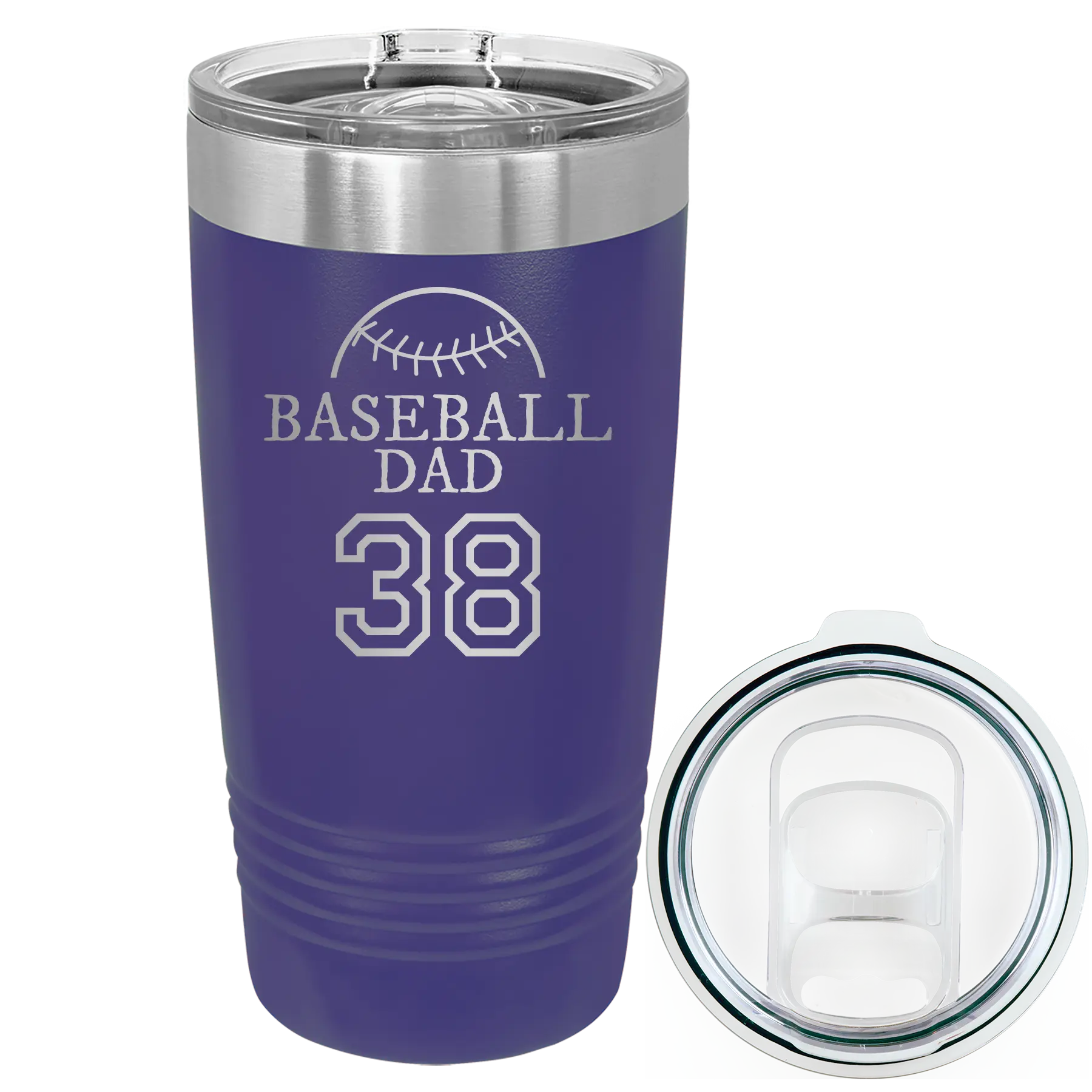 Laser etched purple 20 oz vacuum insulated tumbler with 'Baseball Dad and Number' design