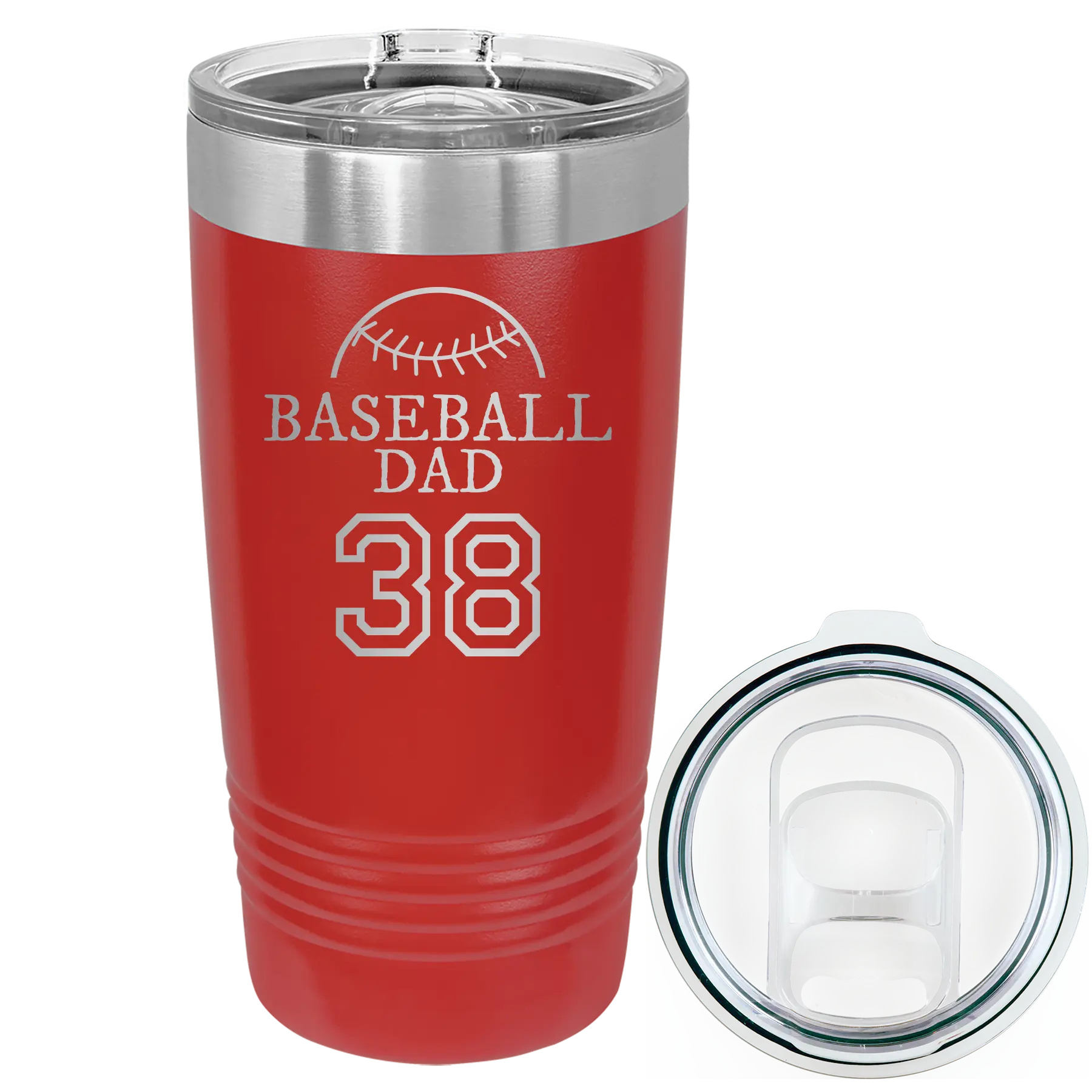 Laser etched red 20 oz vacuum insulated tumbler with 'Baseball Dad and Number' design
