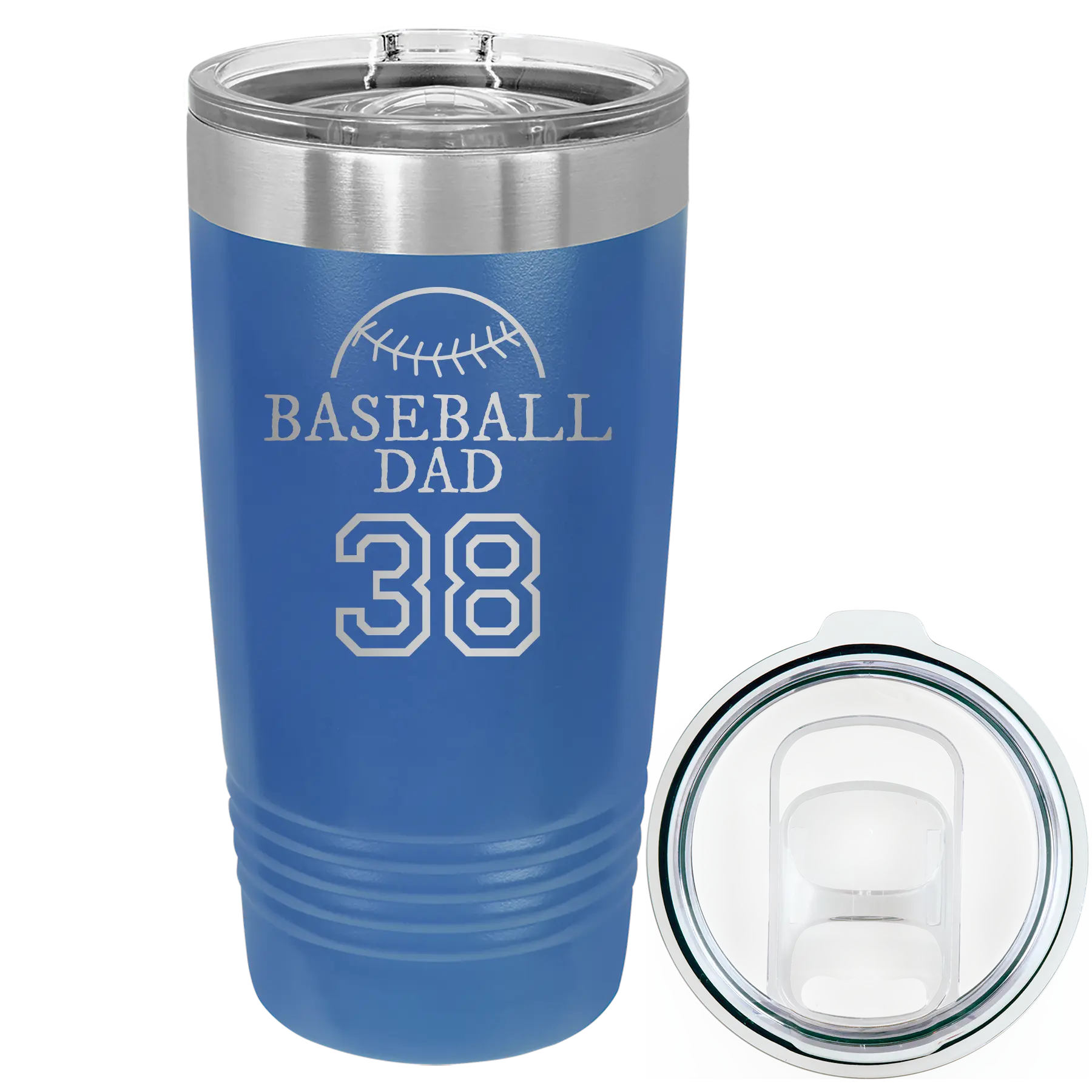Laser etched royal blue 20 oz vacuum insulated tumbler with 'Baseball Dad and Number' design