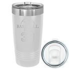 Laser etched white 20 oz vacuum insulated tumbler with 'Baseball Dad and Number' design