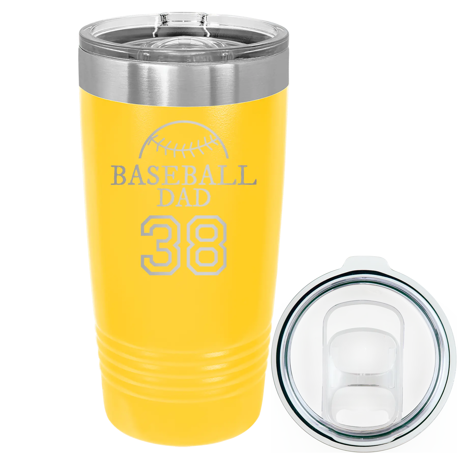 Laser etched yellow 20 oz vacuum insulated tumbler with 'Baseball Dad and Number' design