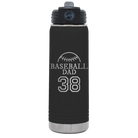 Laser etched black 20 oz vacuum insulated water bottle with 'Baseball Dad and Number' design