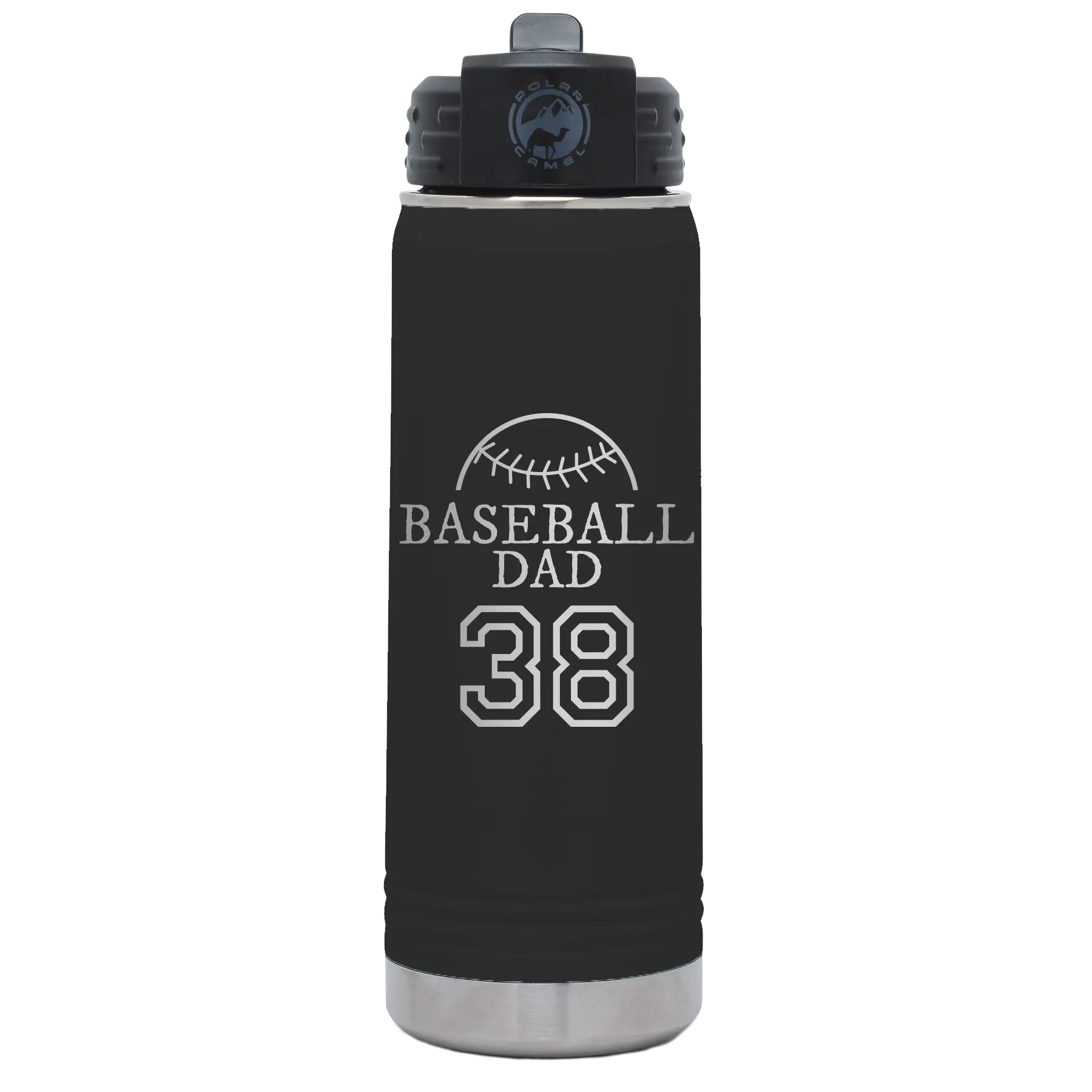 Laser etched black 20 oz vacuum insulated water bottle with 'Baseball Dad and Number' design