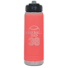 Laser etched coral 20 oz vacuum insulated water bottle with 'Baseball Dad and Number' design