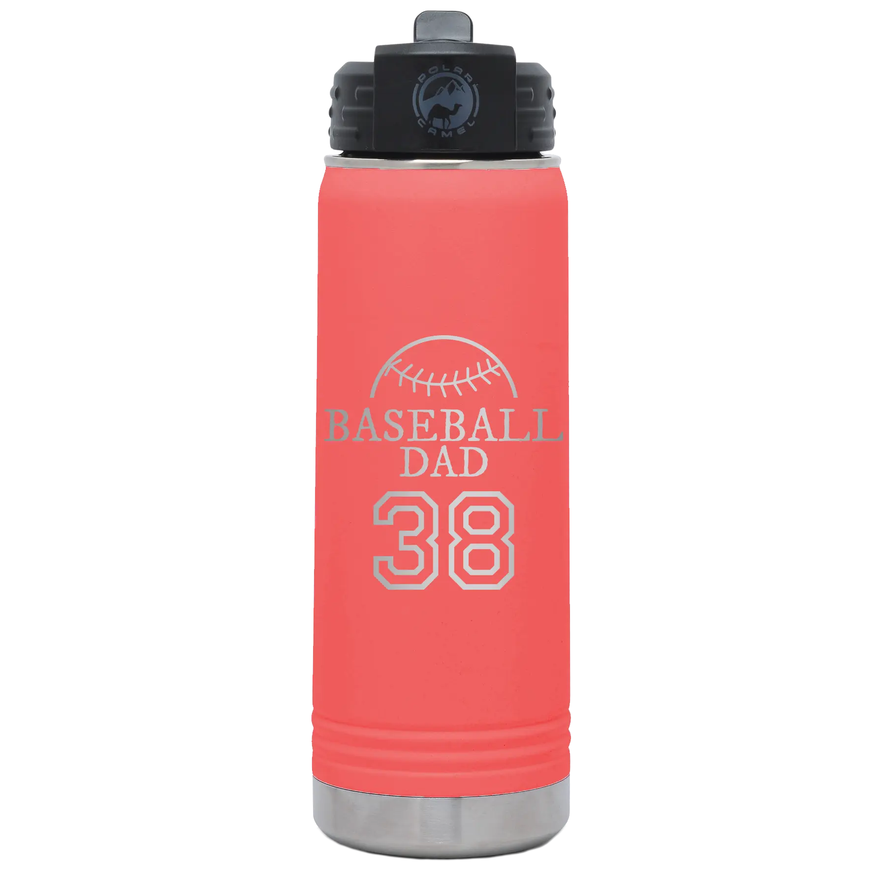 Laser etched coral 20 oz vacuum insulated water bottle with 'Baseball Dad and Number' design