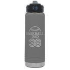 Laser etched dark gray 20 oz vacuum insulated water bottle with 'Baseball Dad and Number' design