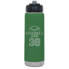Laser etched green 20 oz vacuum insulated water bottle with 'Baseball Dad and Number' design