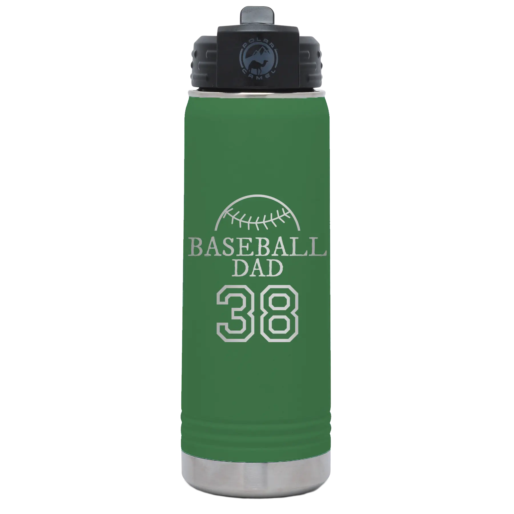 Laser etched green 20 oz vacuum insulated water bottle with 'Baseball Dad and Number' design