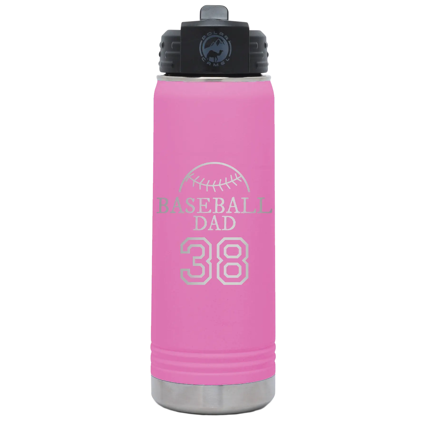 Laser etched light purple 20 oz vacuum insulated water bottle with 'Baseball Dad and Number' design