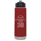 Laser etched maroon 20 oz vacuum insulated water bottle with 'Baseball Dad and Number' design