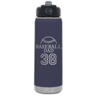 Laser etched navy 20 oz vacuum insulated water bottle with 'Baseball Dad and Number' design