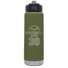 Laser etched olive green 20 oz vacuum insulated water bottle with 'Baseball Dad and Number' design
