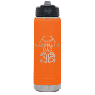Laser etched orange 20 oz vacuum insulated water bottle with 'Baseball Dad and Number' design
