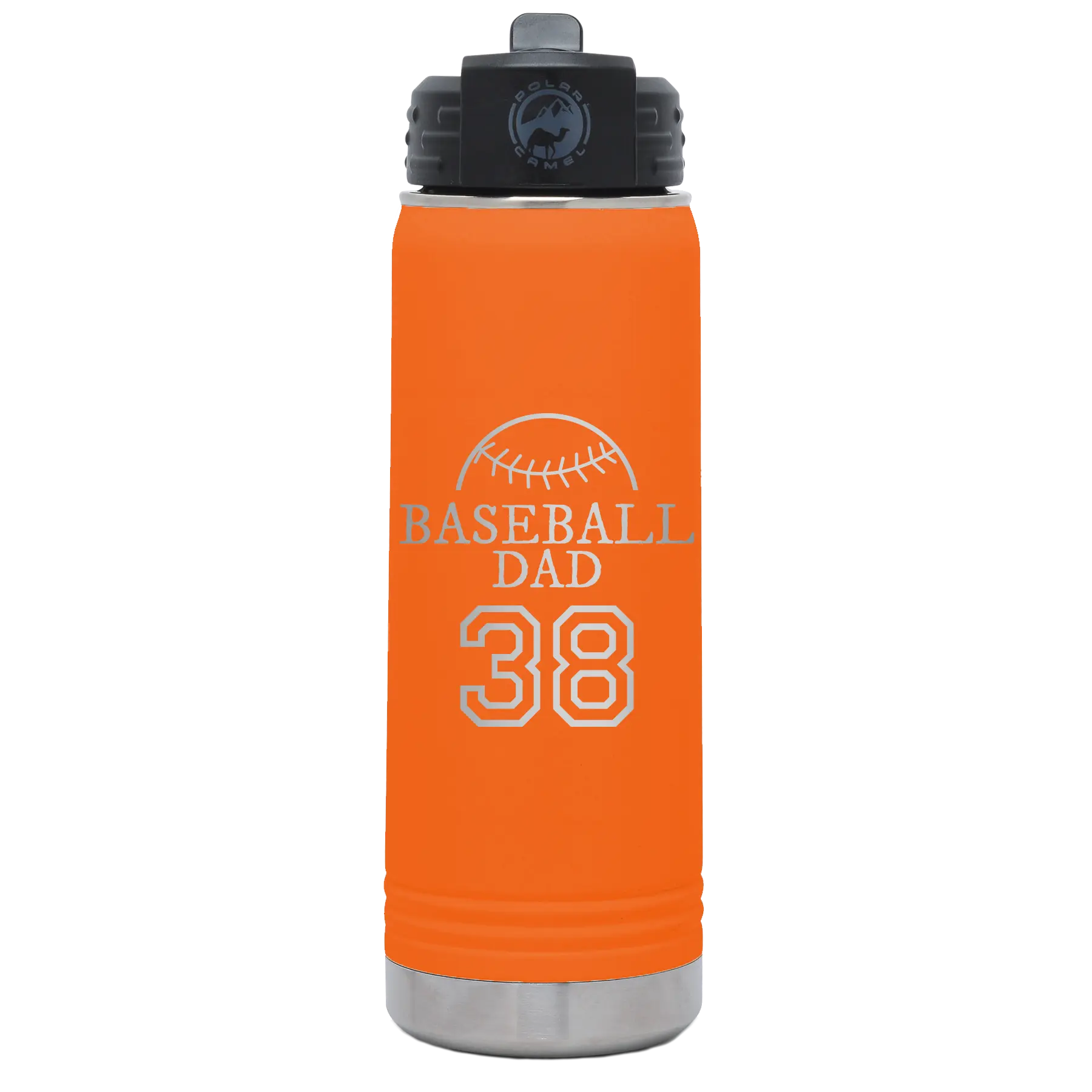 Laser etched orange 20 oz vacuum insulated water bottle with 'Baseball Dad and Number' design