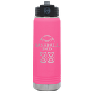 Laser etched pink 20 oz vacuum insulated water bottle with 'Baseball Dad and Number' design