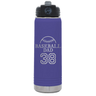 Laser etched purple 20 oz vacuum insulated water bottle with 'Baseball Dad and Number' design