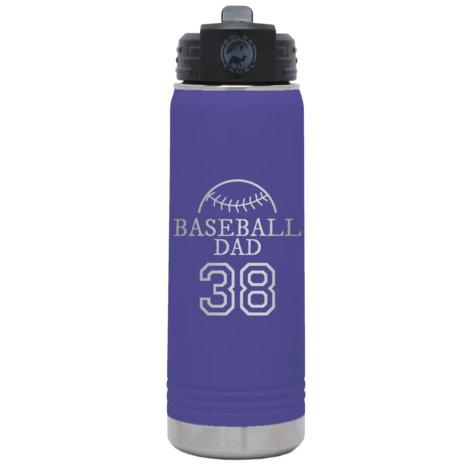 Laser etched purple 20 oz vacuum insulated water bottle with 'Baseball Dad and Number' design