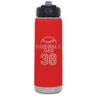 Laser etched red 20 oz vacuum insulated water bottle with 'Baseball Dad and Number' design