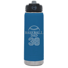 Laser etched royal blue 20 oz vacuum insulated water bottle with 'Baseball Dad and Number' design