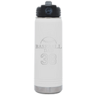Laser etched white 20 oz vacuum insulated water bottle with 'Baseball Dad and Number' design