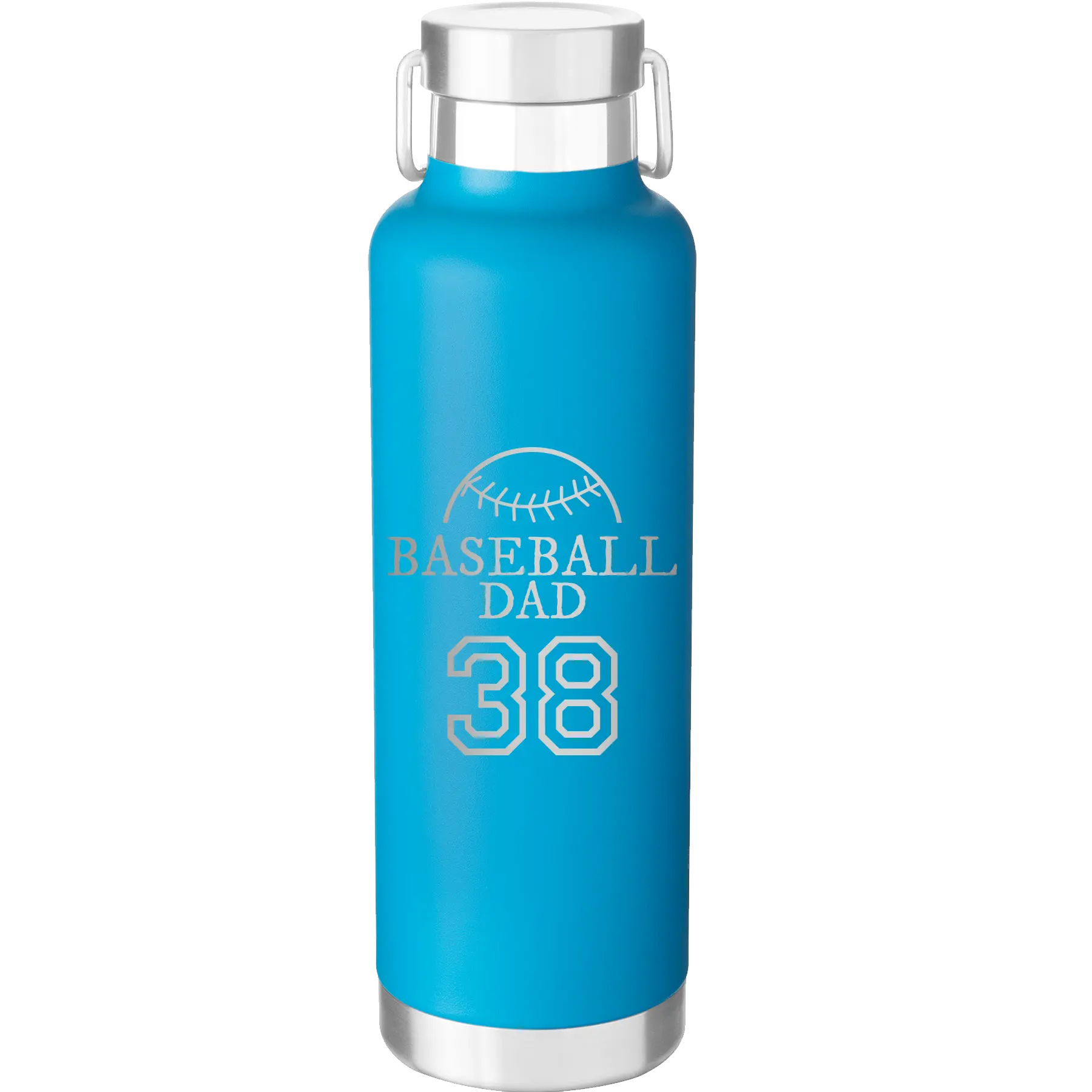 Laser etched aqua 24 oz vacuum insulated water bottle with 'Baseball Dad and Number' design