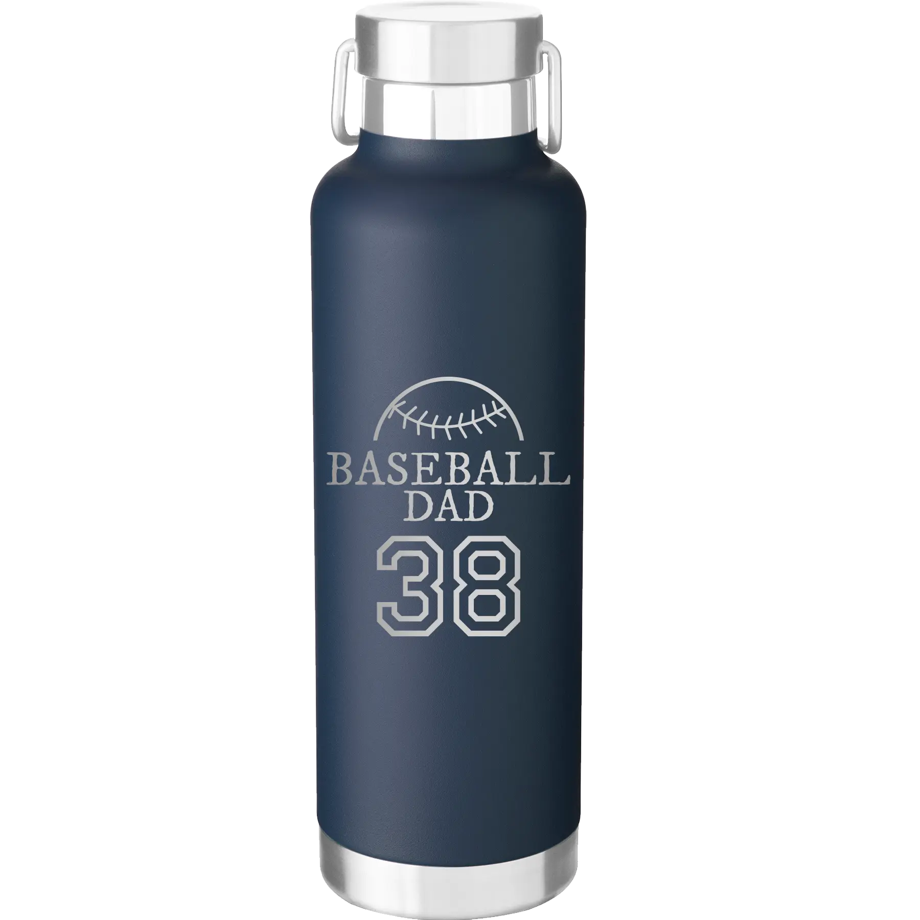 Laser etched navy 24 oz vacuum insulated water bottle with 'Baseball Dad and Number' design