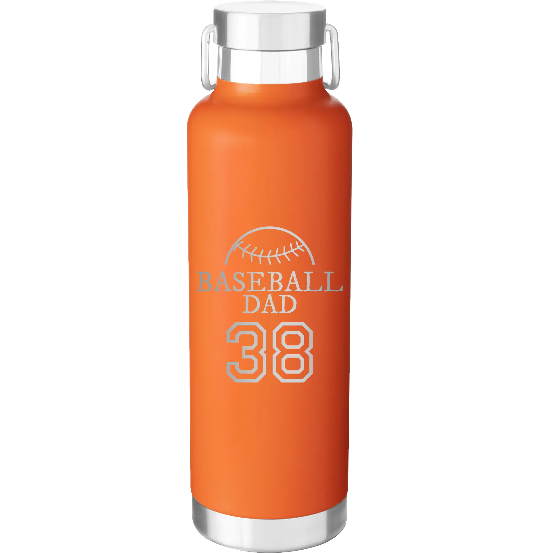 Laser etched orange 24 oz vacuum insulated water bottle with 'Baseball Dad and Number' design