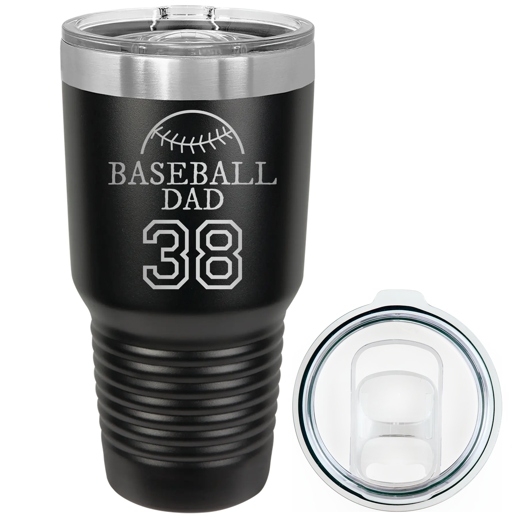 Laser etched black 30 oz vacuum insulated tumbler with 'Baseball Dad and Number' design