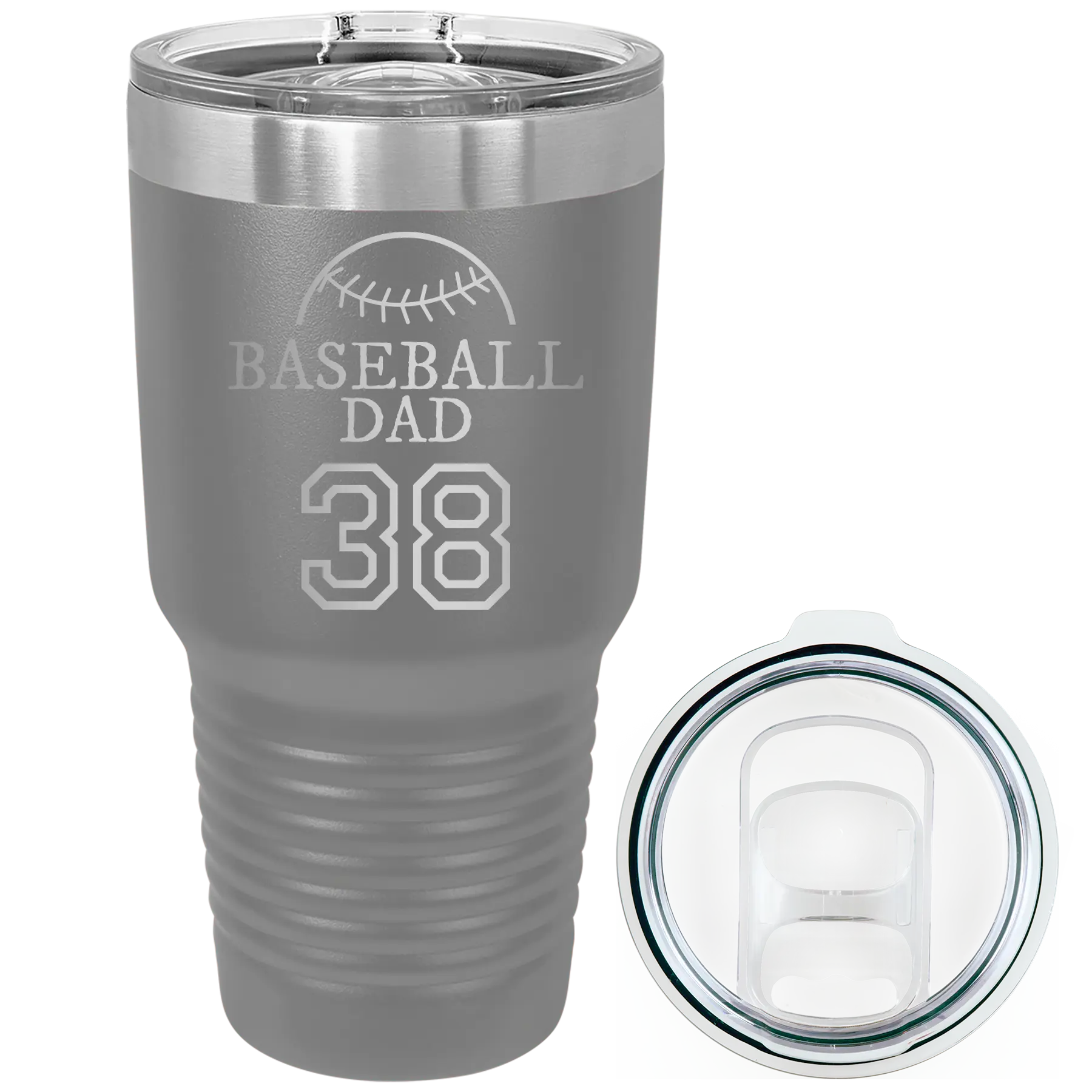 Laser etched dark gray 30 oz vacuum insulated tumbler with 'Baseball Dad and Number' design