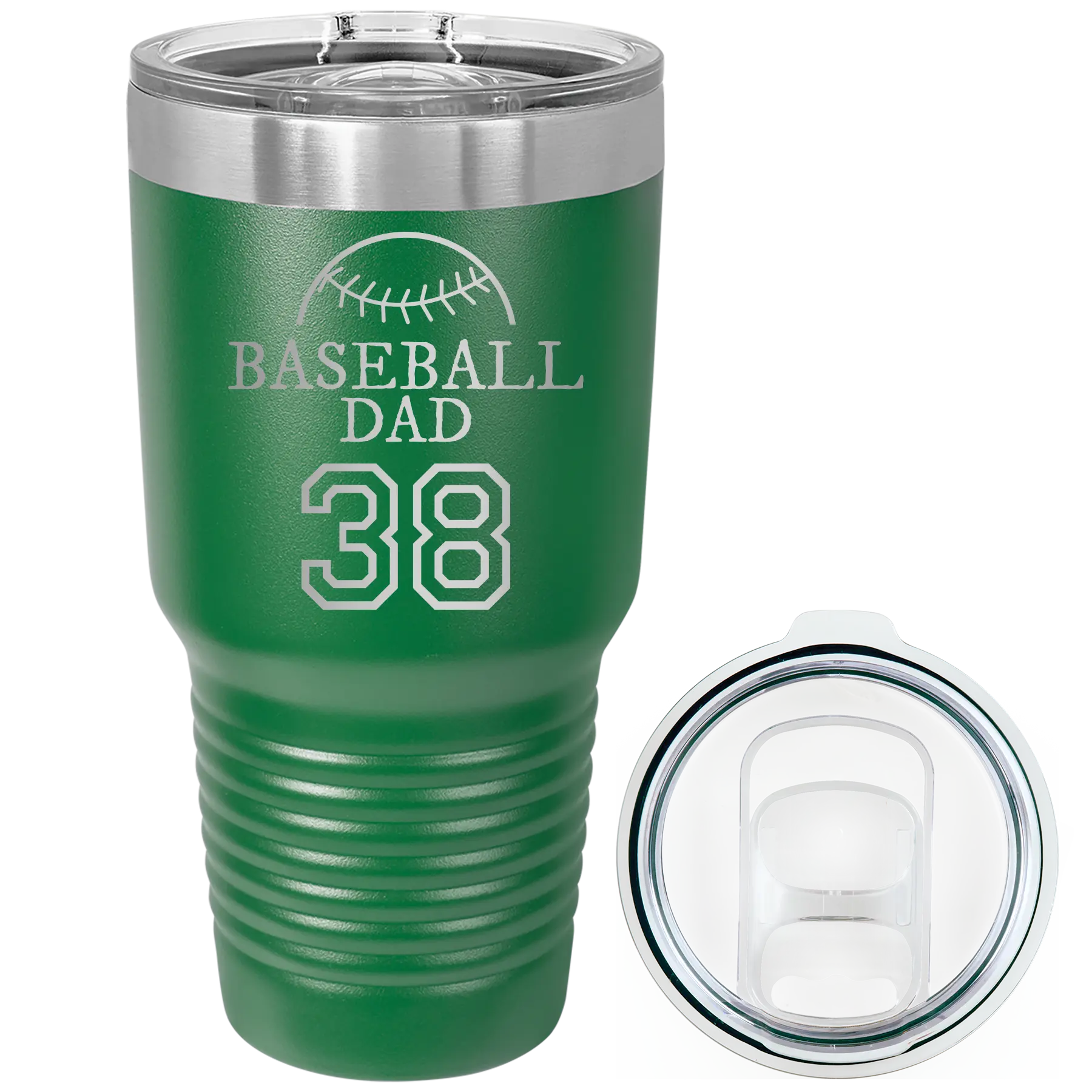 Laser etched green 30 oz vacuum insulated tumbler with 'Baseball Dad and Number' design